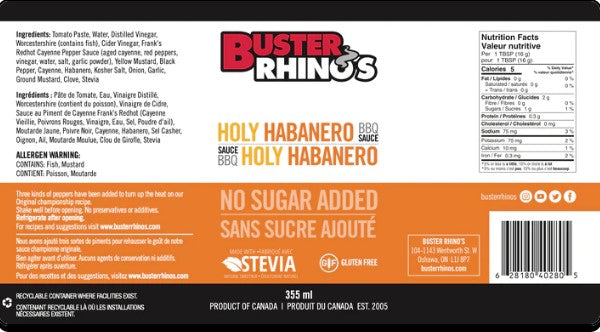 Buster Rhino's No Sugar Added Habanero BBQ Sauce